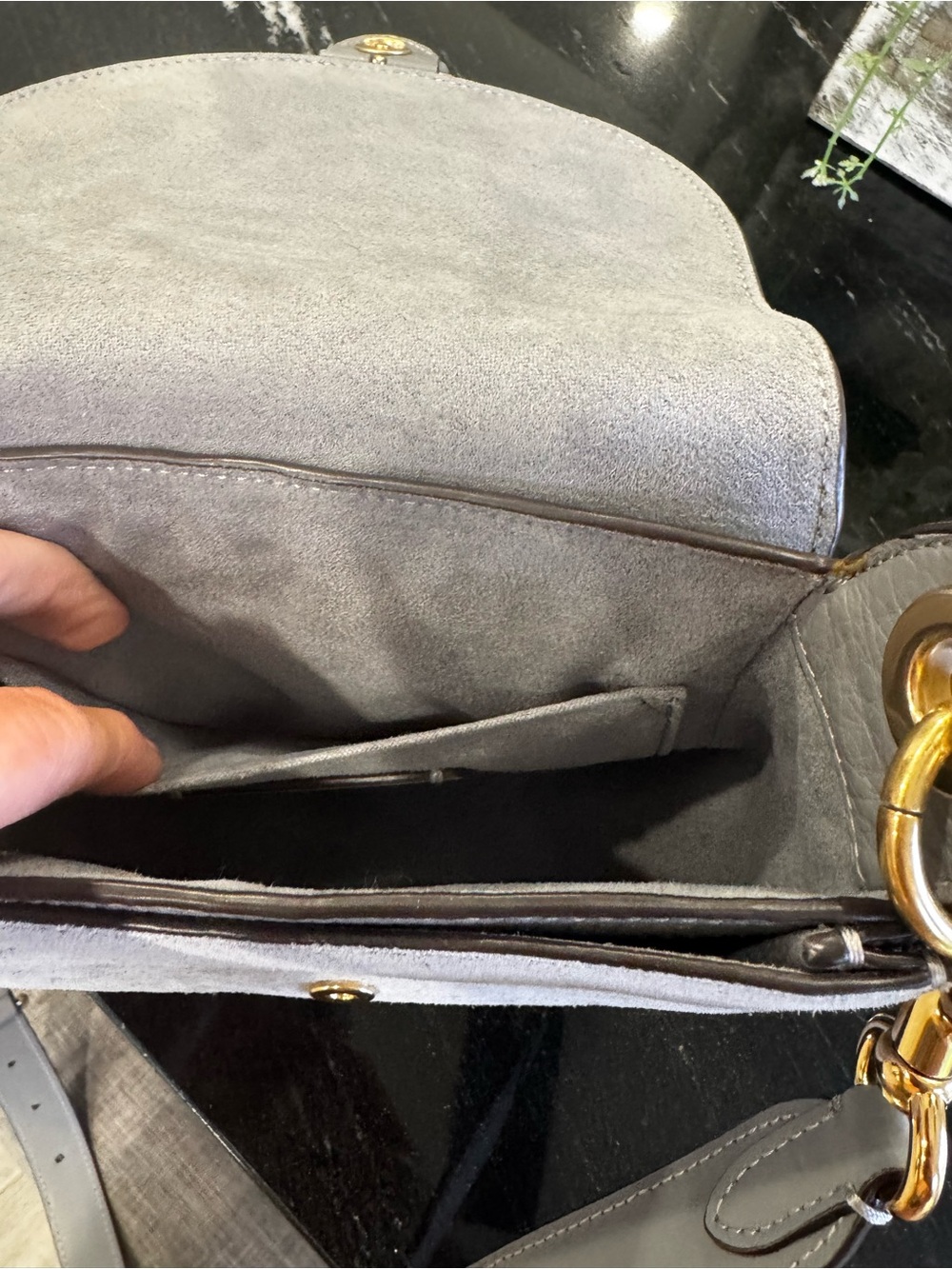 🩶COACH Gray Pebbled Leather & Suede Mini Saddle Bag with Gold Hardware - Picture 8 of 13